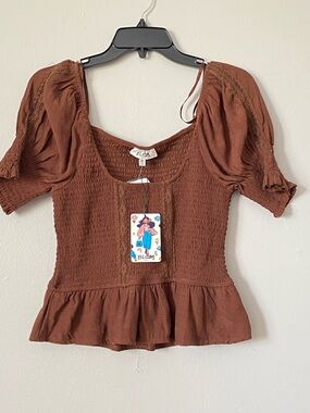 NWT Chocolate Brown Smocked Peplum Ruffle Stretched Cottagore Top XL